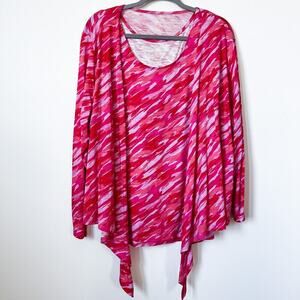 Belle by Kim Gravel Printed Slub Knit Cardigan Shrug & Tank Set Pink Abstract XL
